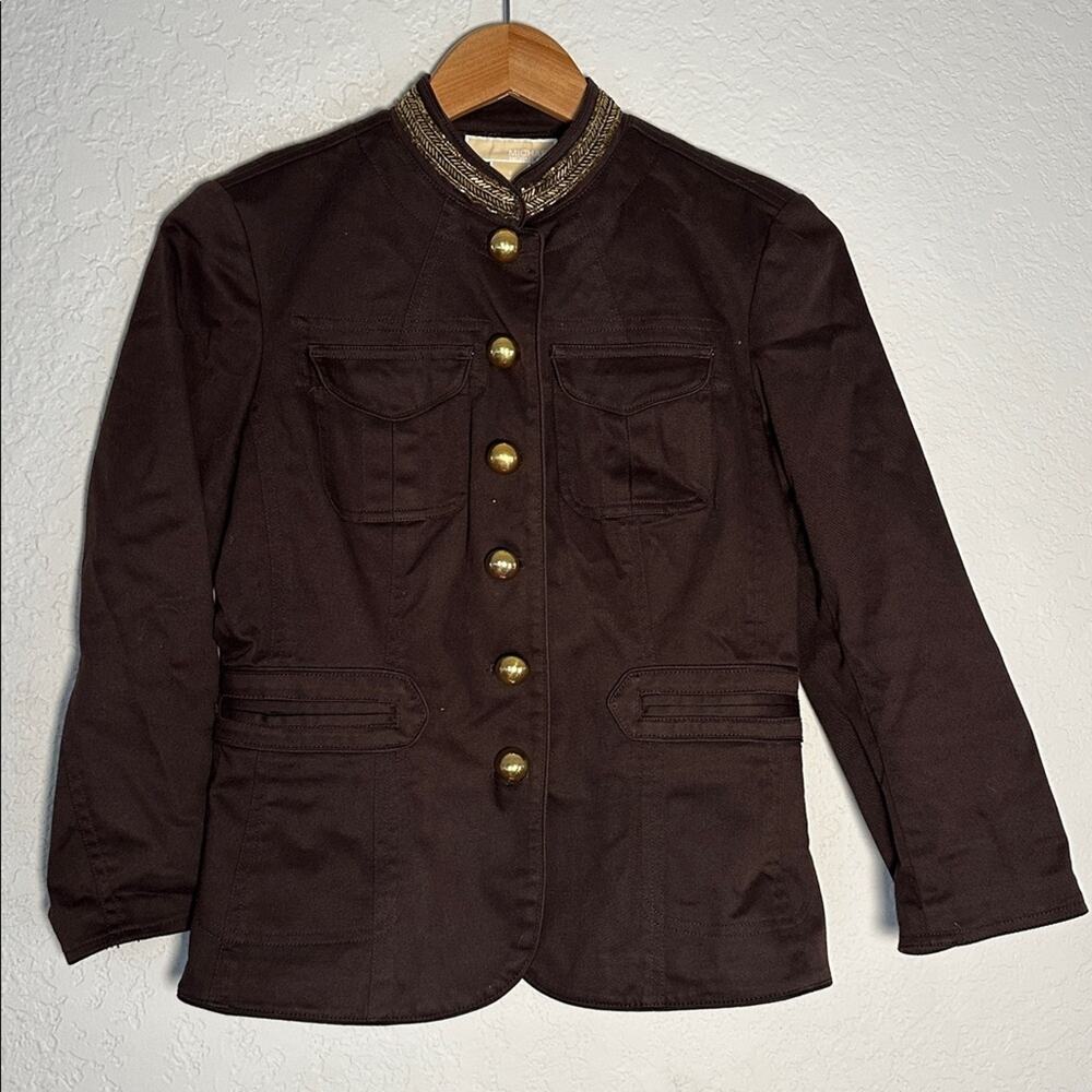 Michael Kors Dark Brown Military Style Jacket Gold Buttons Beaded Collar Fitted